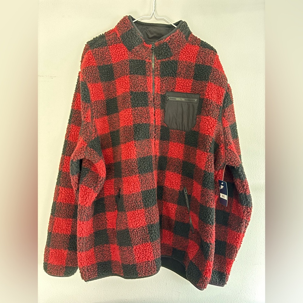 NWT Lucky Brand Men’s  Red and Black Buffalo Plaid Sherpa Zip Up Jacket